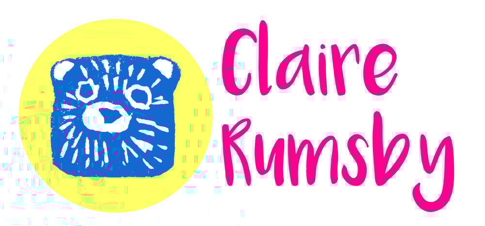 Blue bear stamp on yellow background with words Claire Rumsby in hot pink