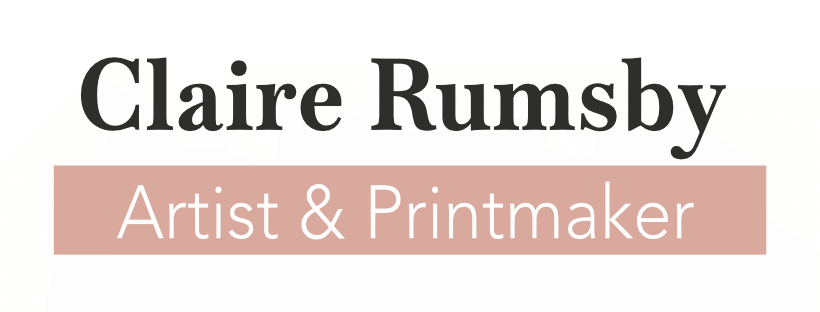 The name Claire Rumsby in dark grey font above a dusky pink block with white writing Artist and Printmaker